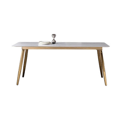 Mesa de comedor moderna de rectángulo Mesa base de metal de oro de piedra blanca sinterizada