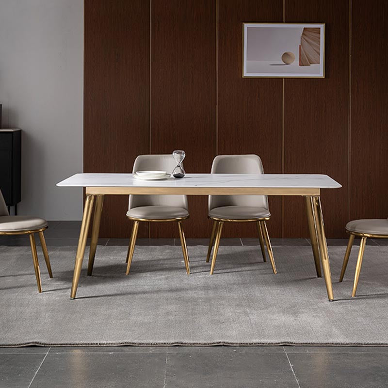 Mesa de comedor moderna de rectángulo Mesa base de metal de oro de piedra blanca sinterizada