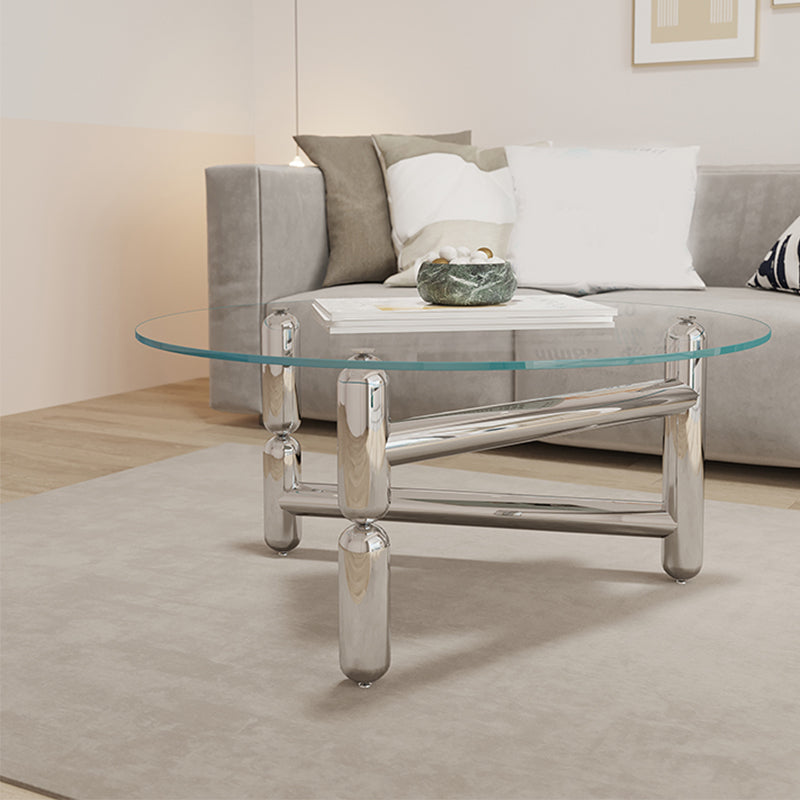 Glass Top Steel Coffee Table Round Minimalist Modern Coffee Table 31.5"L x 31.5"W x 17.7"H Three Leg Clear Clearhalo 'Coffee & Accent Tables' 'Coffee Tables' 'coffee_tables' 'furn' 'furn_coffee_tables' 'Furniture' 'Living Room Furniture' 5711042