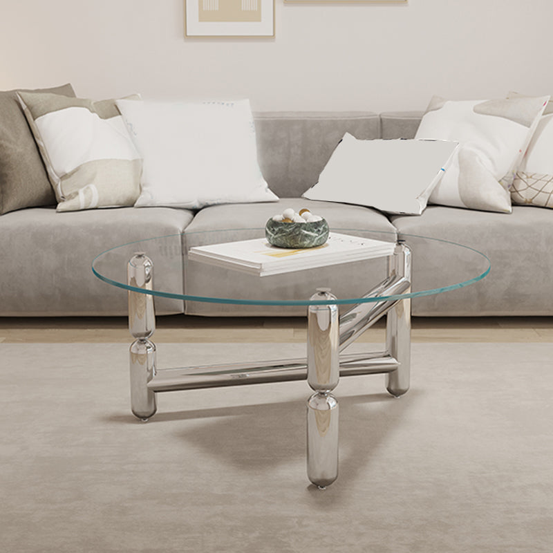 Glass Top Steel Coffee Table Round Minimalist Modern Coffee Table 39"L x 39"W x 18"H Three Leg Clear Clearhalo 'Coffee & Accent Tables' 'Coffee Tables' 'coffee_tables' 'furn' 'furn_coffee_tables' 'Furniture' 'Living Room Furniture' 5711043