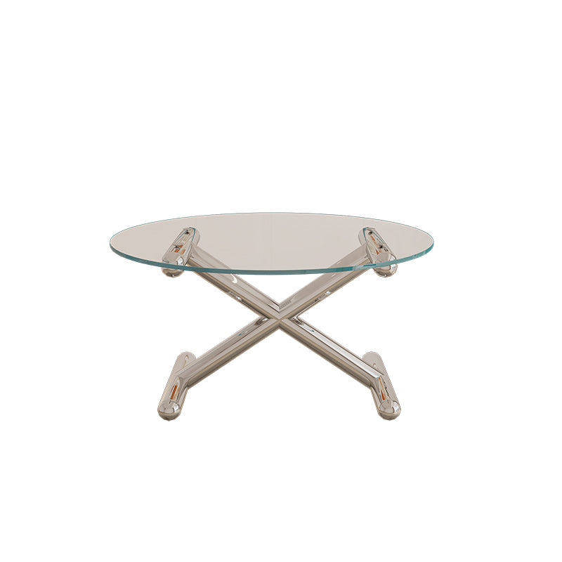 Glass Top Steel Coffee Table Round Minimalist Modern Coffee Table Cross Legs Clear Clearhalo 'Coffee & Accent Tables' 'Coffee Tables' 'coffee_tables' 'furn' 'furn_coffee_tables' 'Furniture' 'Living Room Furniture' 5711049