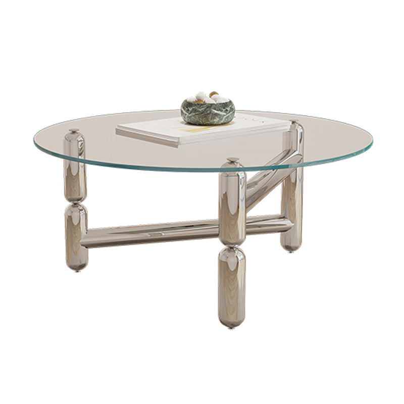 Glass Top Steel Coffee Table Round Minimalist Modern Coffee Table 24"L x 24"W x 18"H Three Leg Clear Clearhalo 'Coffee & Accent Tables' 'Coffee Tables' 'coffee_tables' 'furn' 'furn_coffee_tables' 'Furniture' 'Living Room Furniture' 5711050