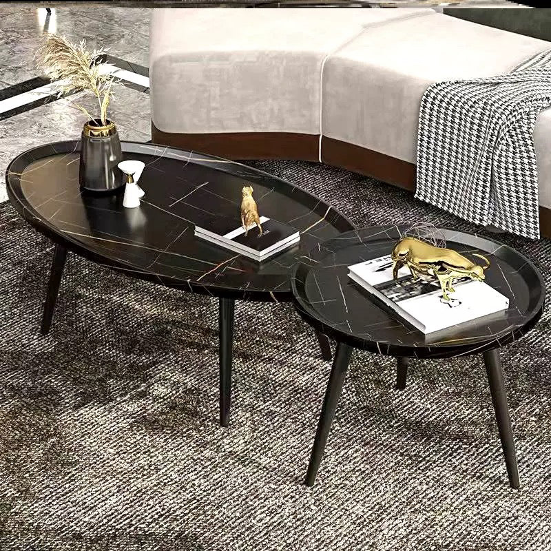 Modern Style Round/oval Wooden Table Metal 4 Legs Base Coffee Table Black Clearhalo 'Coffee & Accent Tables' 'Coffee Tables' 'coffee_tables' 'furn' 'furn_coffee_tables' 'Furniture' 'Living Room Furniture' 5711070