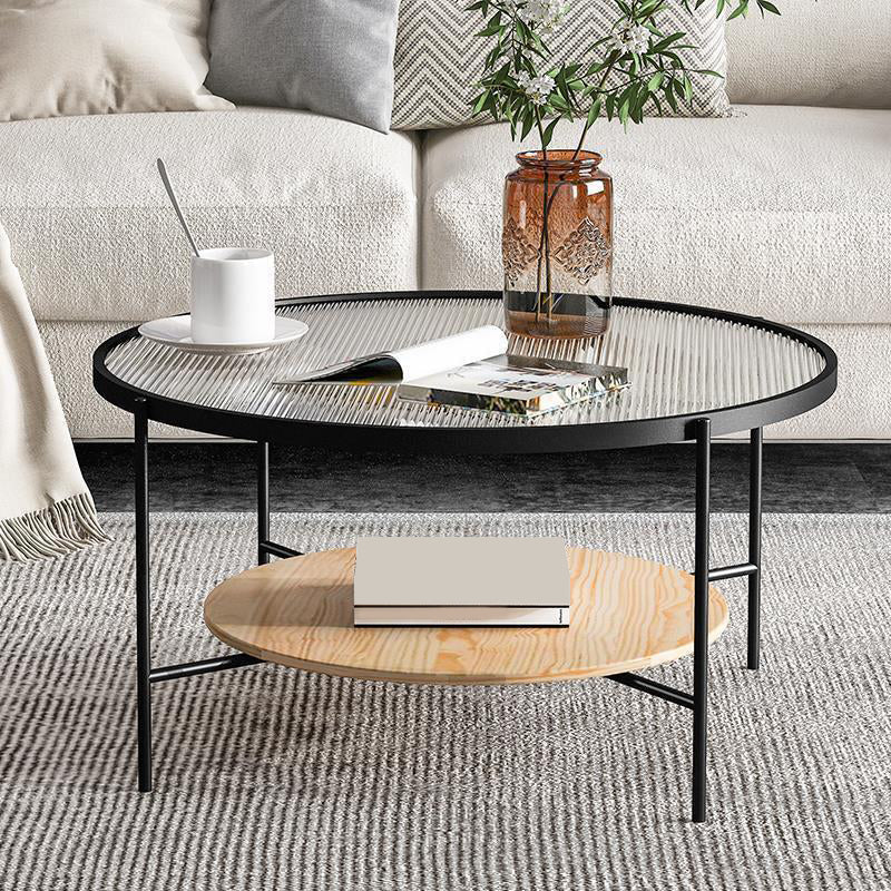 Modern Style Round Toughened Glass Table Metal 4 Legs Base Coffee Table Natural Wood Black Clearhalo 'Coffee & Accent Tables' 'Coffee Tables' 'coffee_tables' 'furn' 'furn_coffee_tables' 'Furniture' 'Living Room Furniture' 5711151