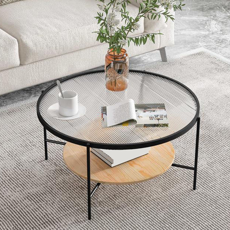 Modern Style Round Toughened Glass Table Metal 4 Legs Base Coffee Table 24"L x 24"W x 18"H Natural Wood Black Clearhalo 'Coffee & Accent Tables' 'Coffee Tables' 'coffee_tables' 'furn' 'furn_coffee_tables' 'Furniture' 'Living Room Furniture' 5711152