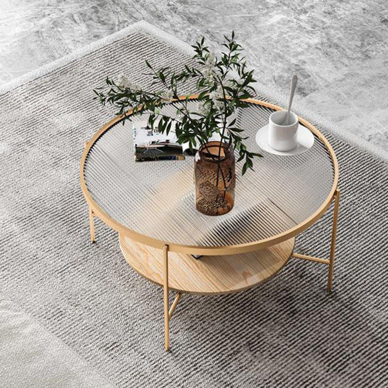 Modern Style Round Toughened Glass Table Metal 4 Legs Base Coffee Table Natural Gold Clearhalo 'Coffee & Accent Tables' 'Coffee Tables' 'coffee_tables' 'furn' 'furn_coffee_tables' 'Furniture' 'Living Room Furniture' 5711153