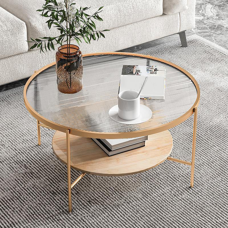 Modern Style Round Toughened Glass Table Metal 4 Legs Base Coffee Table 24"L x 24"W x 18"H Natural Gold Clearhalo 'Coffee & Accent Tables' 'Coffee Tables' 'coffee_tables' 'furn' 'furn_coffee_tables' 'Furniture' 'Living Room Furniture' 5711154