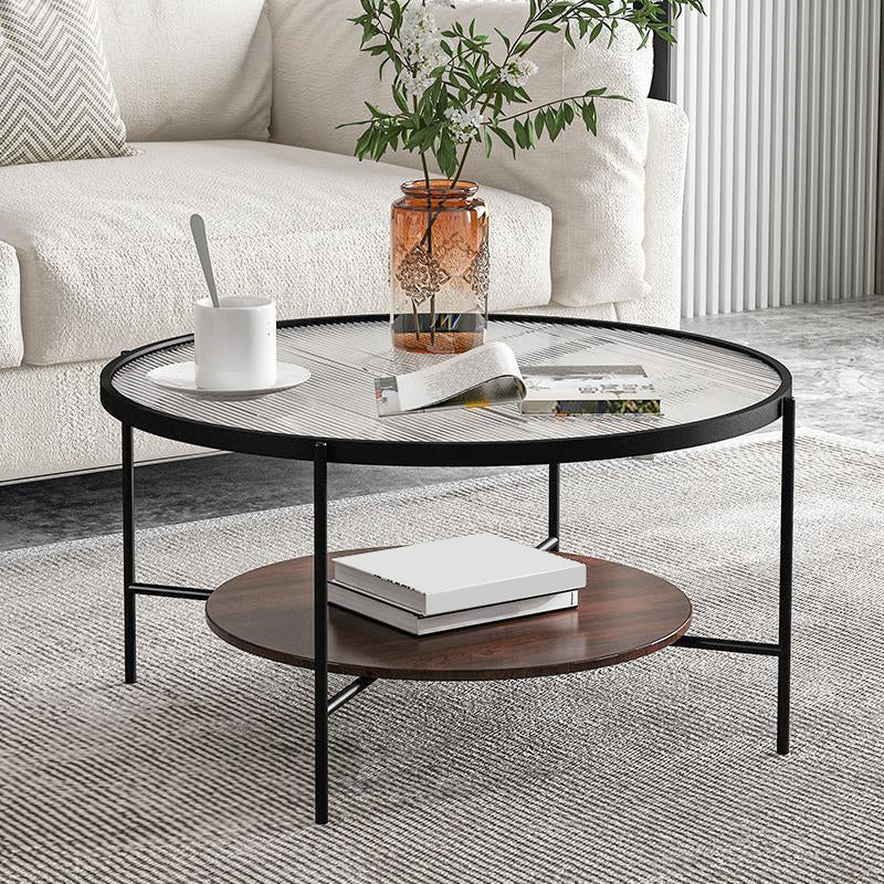 Modern Style Round Toughened Glass Table Metal 4 Legs Base Coffee Table Walnut+Black Clearhalo 'Coffee & Accent Tables' 'Coffee Tables' 'coffee_tables' 'furn' 'furn_coffee_tables' 'Furniture' 'Living Room Furniture' 5711155