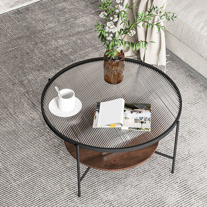 Modern Style Round Toughened Glass Table Metal 4 Legs Base Coffee Table 24"L x 24"W x 18"H Walnut+Black Clearhalo 'Coffee & Accent Tables' 'Coffee Tables' 'coffee_tables' 'furn' 'furn_coffee_tables' 'Furniture' 'Living Room Furniture' 5711156