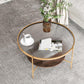 Modern Style Round Toughened Glass Table Metal 4 Legs Base Coffee Table 31.5"L x 31.5"W x 17.7"H Walnut+Gold Clearhalo 'Coffee & Accent Tables' 'Coffee Tables' 'coffee_tables' 'furn' 'furn_coffee_tables' 'Furniture' 'Living Room Furniture' 5711157