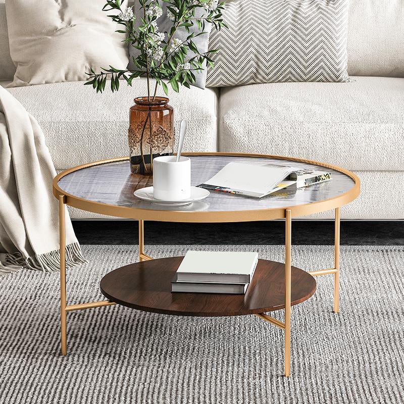 Modern Style Round Toughened Glass Table Metal 4 Legs Base Coffee Table 24"L x 24"W x 18"H Walnut+Gold Clearhalo 'Coffee & Accent Tables' 'Coffee Tables' 'coffee_tables' 'furn' 'furn_coffee_tables' 'Furniture' 'Living Room Furniture' 5711158