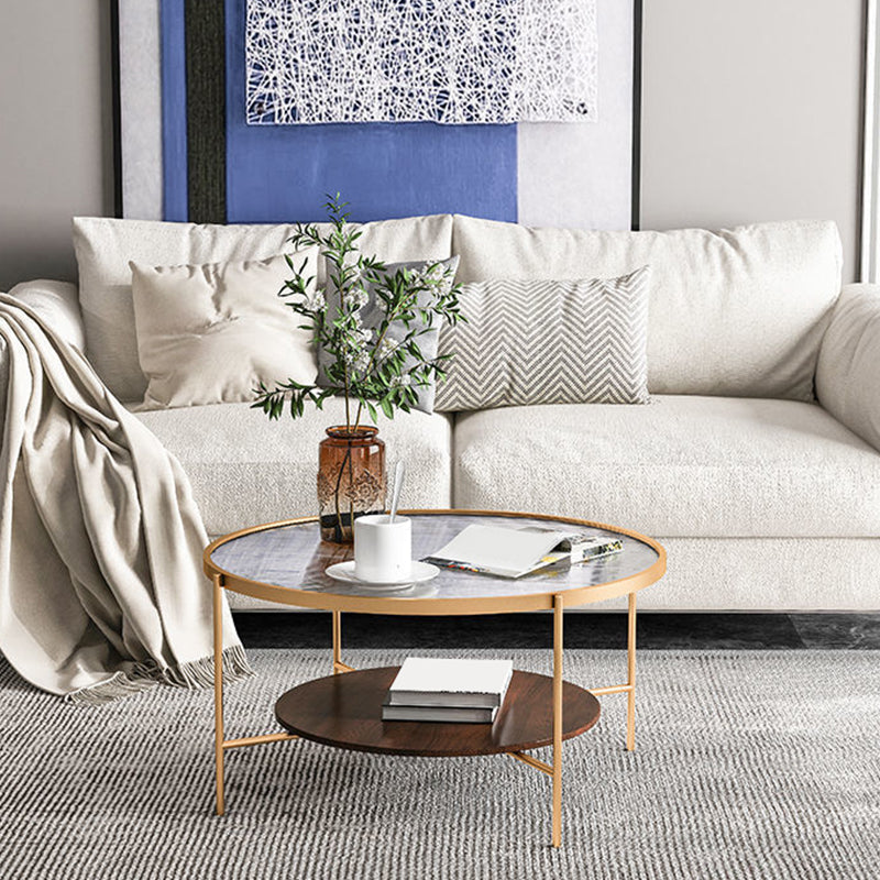 Modern Style Round Toughened Glass Table Metal 4 Legs Base Coffee Table 28"L x 28"W x 18"H Walnut+Gold Clearhalo 'Coffee & Accent Tables' 'Coffee Tables' 'coffee_tables' 'furn' 'furn_coffee_tables' 'Furniture' 'Living Room Furniture' 5711159