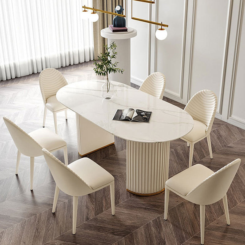 Eigentijdse ovale tafel gesinterde stenen top dubbele voetstuk eettafel