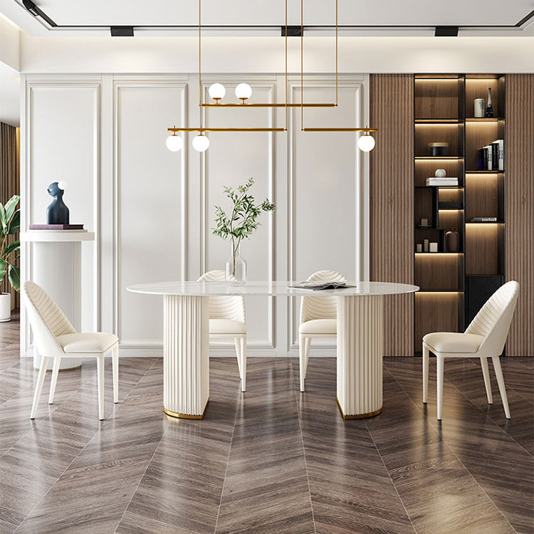 Eigentijdse ovale tafel gesinterde stenen top dubbele voetstuk eettafel