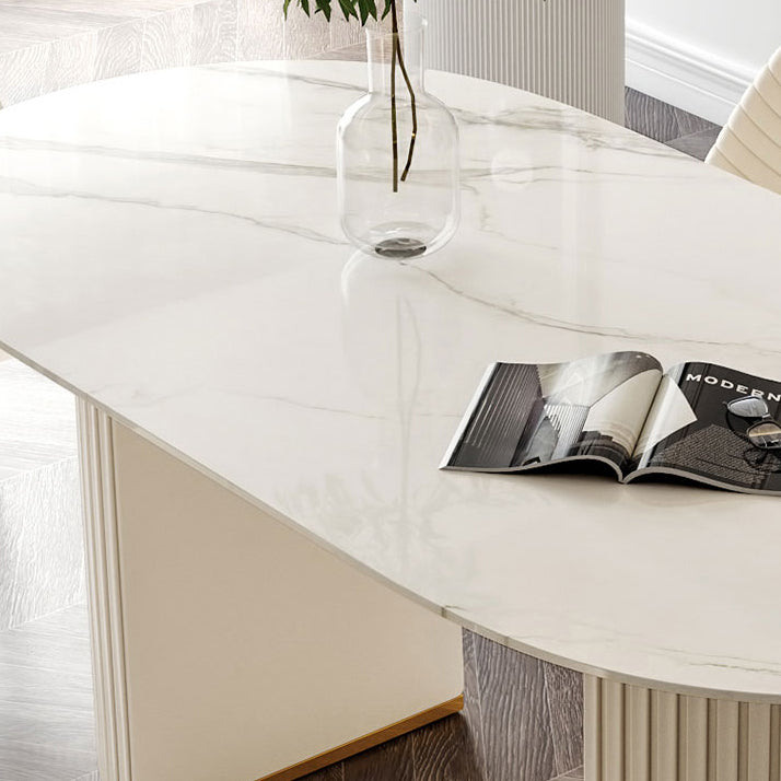 Eigentijdse ovale tafel gesinterde stenen top dubbele voetstuk eettafel