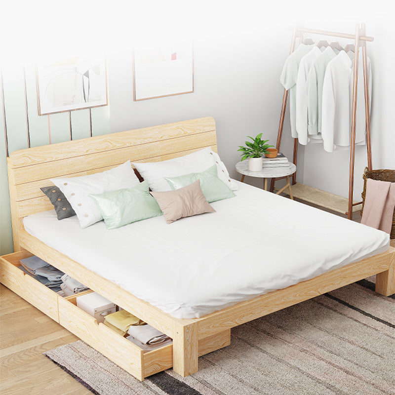 Solid Wood Storage Panel Bed with Headboard  Bed with Drawers