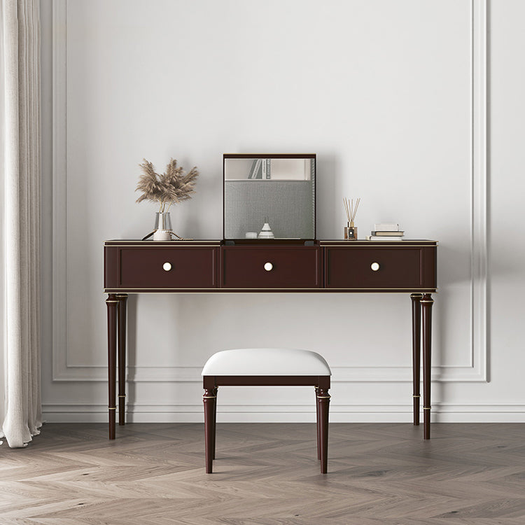 Make-up Vanity Mirrored Wood Dressing Table Padded Stool Set Makeup Vanity & Stools 35"L x 18"W x 30"H Walnut Clearhalo 'Bedroom Furniture' 'furn' 'furn_makeup_vanities' 'Furniture' 'Makeup Vanities' 'makeup_vanities' 5717454