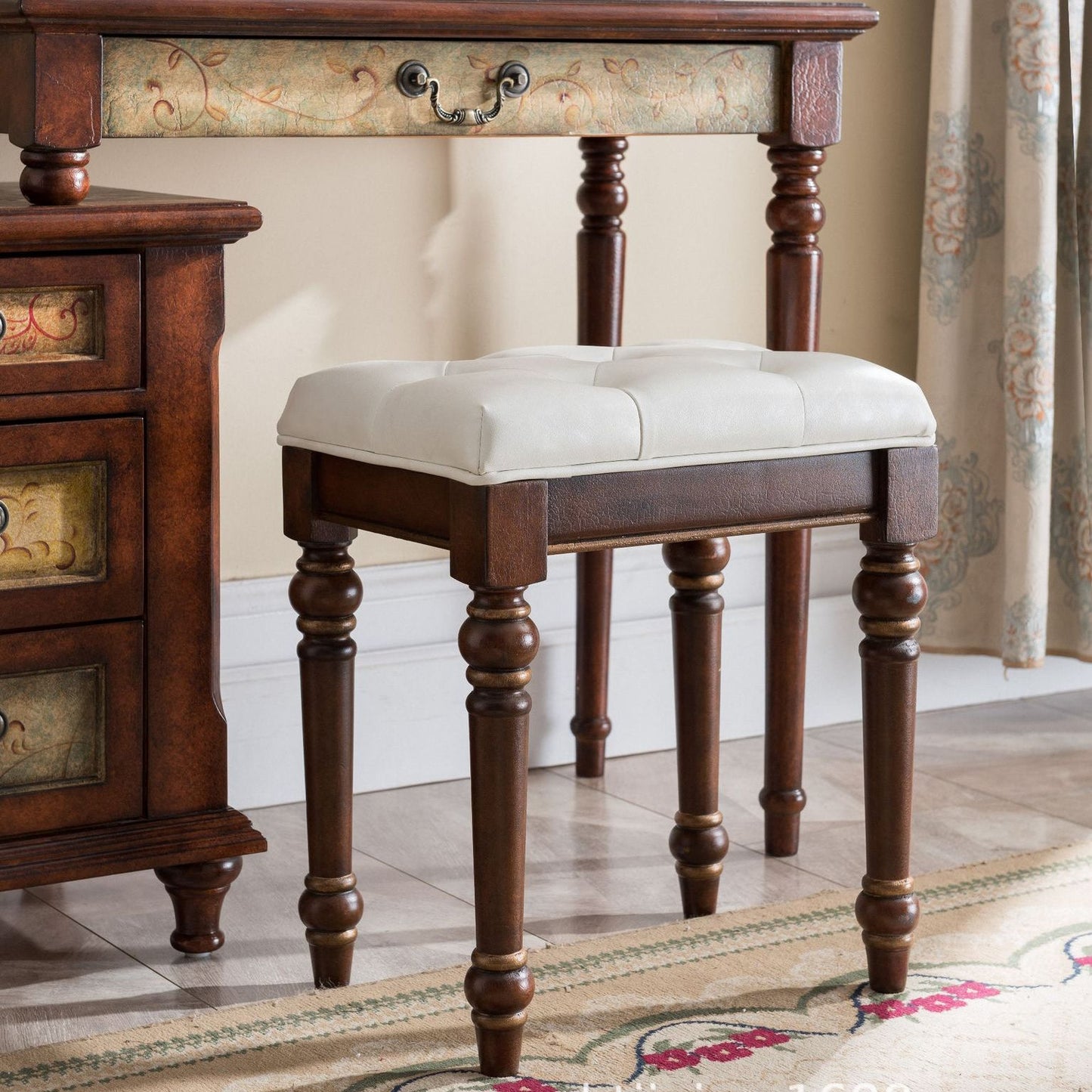 Victorian Wood Vanity e sgabello da toeletta con cassetti di stoccaggio