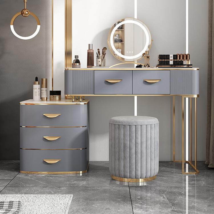 Dusineurs en bois massif Ensemble de vanité avec haut en pierre et tabouret rembourré en gris