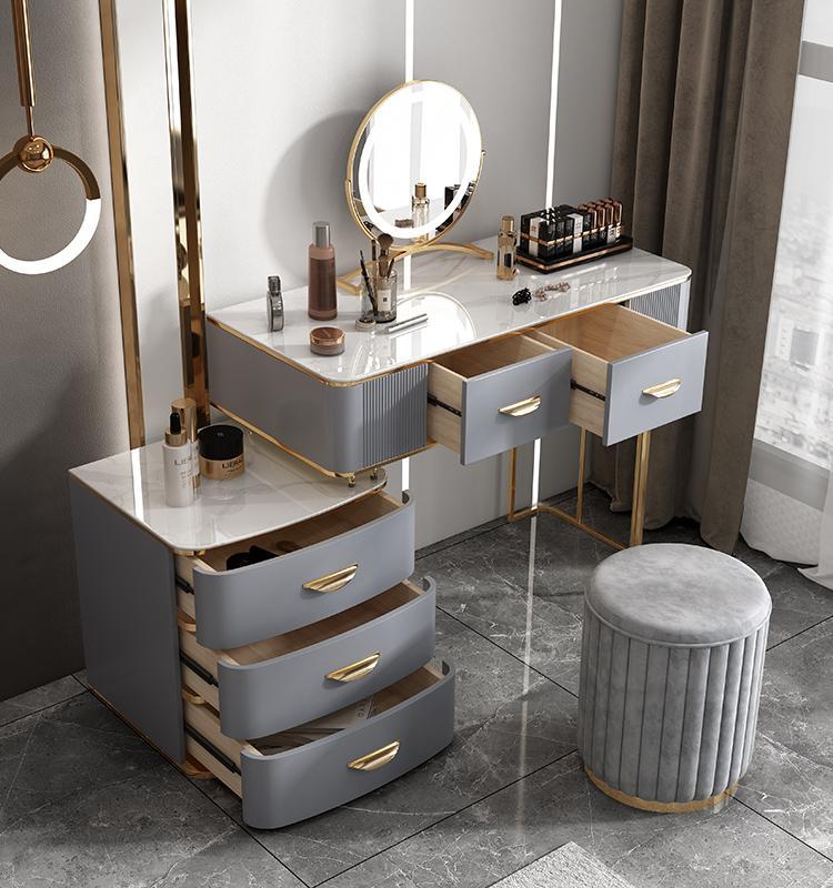 Dusineurs en bois massif Ensemble de vanité avec haut en pierre et tabouret rembourré en gris