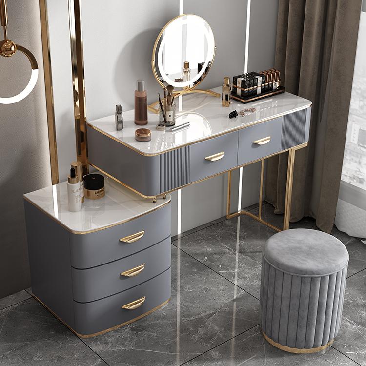 Dusineurs en bois massif Ensemble de vanité avec haut en pierre et tabouret rembourré en gris