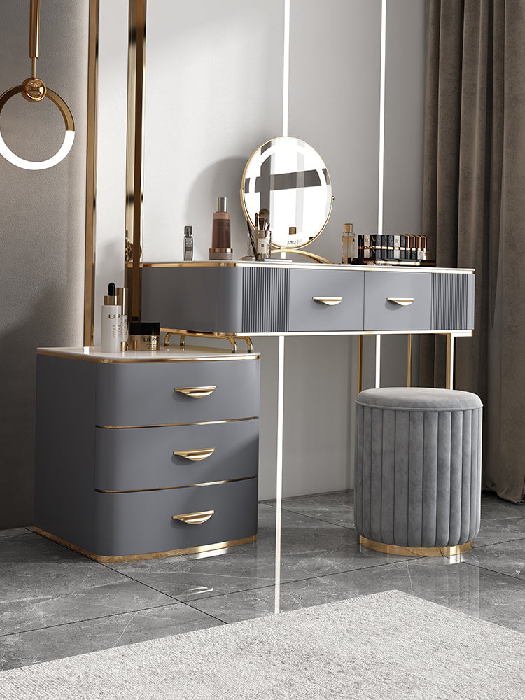 Dusineurs en bois massif Ensemble de vanité avec haut en pierre et tabouret rembourré en gris