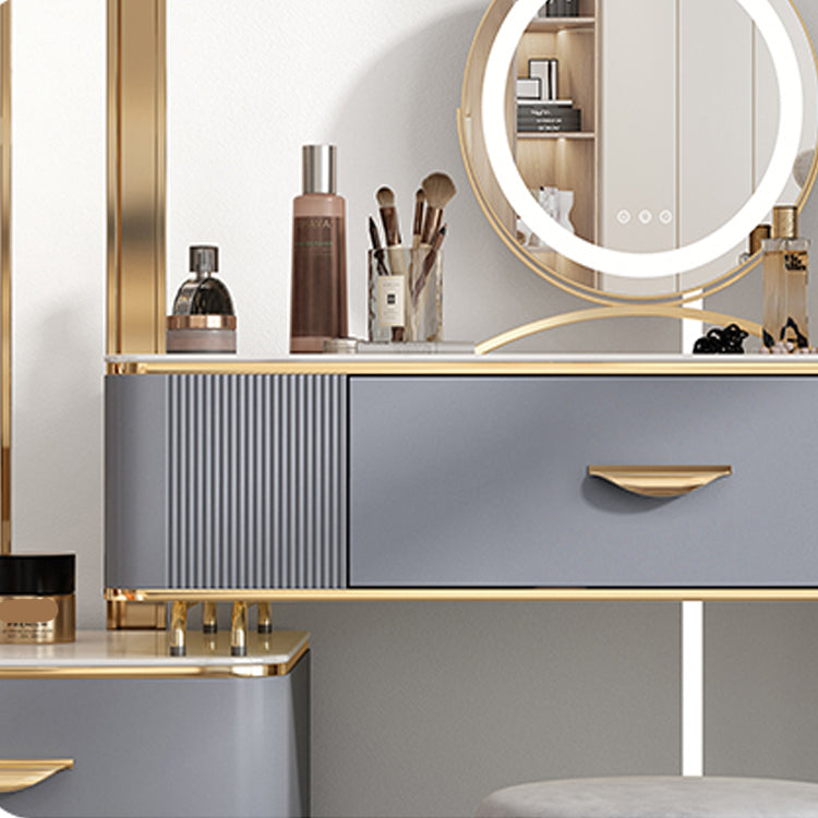 Dusineurs en bois massif Ensemble de vanité avec haut en pierre et tabouret rembourré en gris