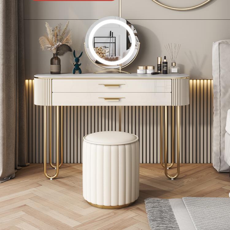 ベージュバニティメタルとエンジニアリングウッドメイクアップドレッシングテーブルスツールセット