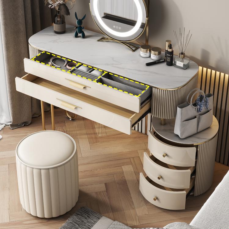 ベージュバニティメタルとエンジニアリングウッドメイクアップドレッシングテーブルスツールセット