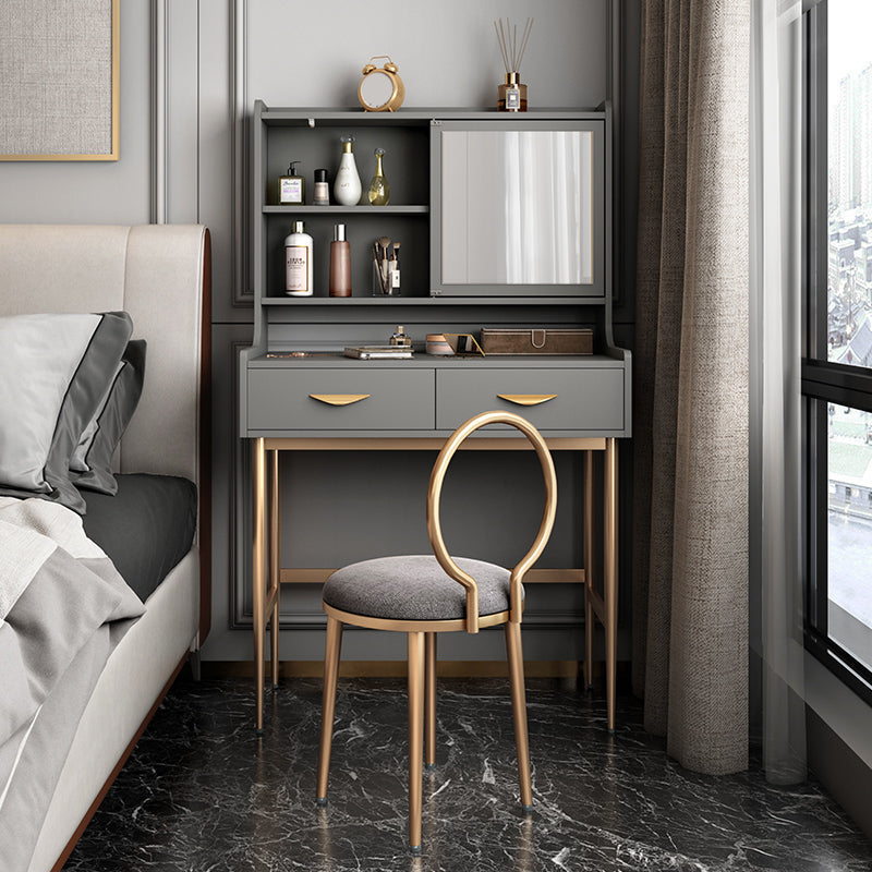 Luxurious Vanity Set 1/2 Storage Drawers with Mirror & Padded Stool Makeup Vanity & Stools 31"L x 16"W x 53"H Grey Clearhalo 'Bedroom Furniture' 'furn' 'furn_makeup_vanities' 'Furniture' 'Makeup Vanities' 'makeup_vanities' 5717732