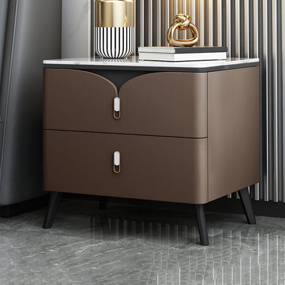 18 Inch H Night Table Modern Solid Wood 2-Drawer Stone Top Faux Leather Nightstand Light Coffee Clearhalo 'Bedroom Furniture' 'furn' 'furn_night_stand' 'Furniture' 'night_stand' 'Nightstands' 5718253