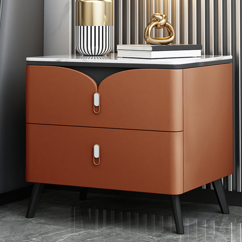 18 Inch H Night Table Modern Solid Wood 2-Drawer Stone Top Faux Leather Nightstand Orange Clearhalo 'Bedroom Furniture' 'furn' 'furn_night_stand' 'Furniture' 'night_stand' 'Nightstands' 5718255