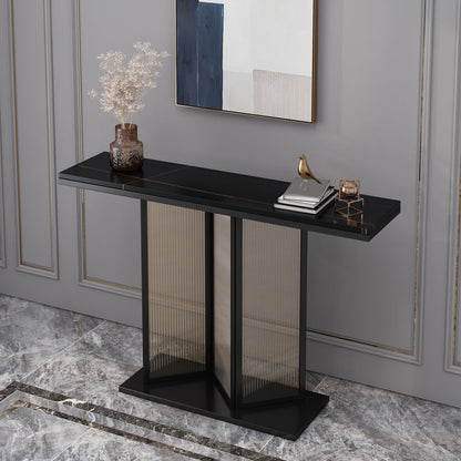 Console top in pietra in stile glam con base di piedistallo di ferro e vetro