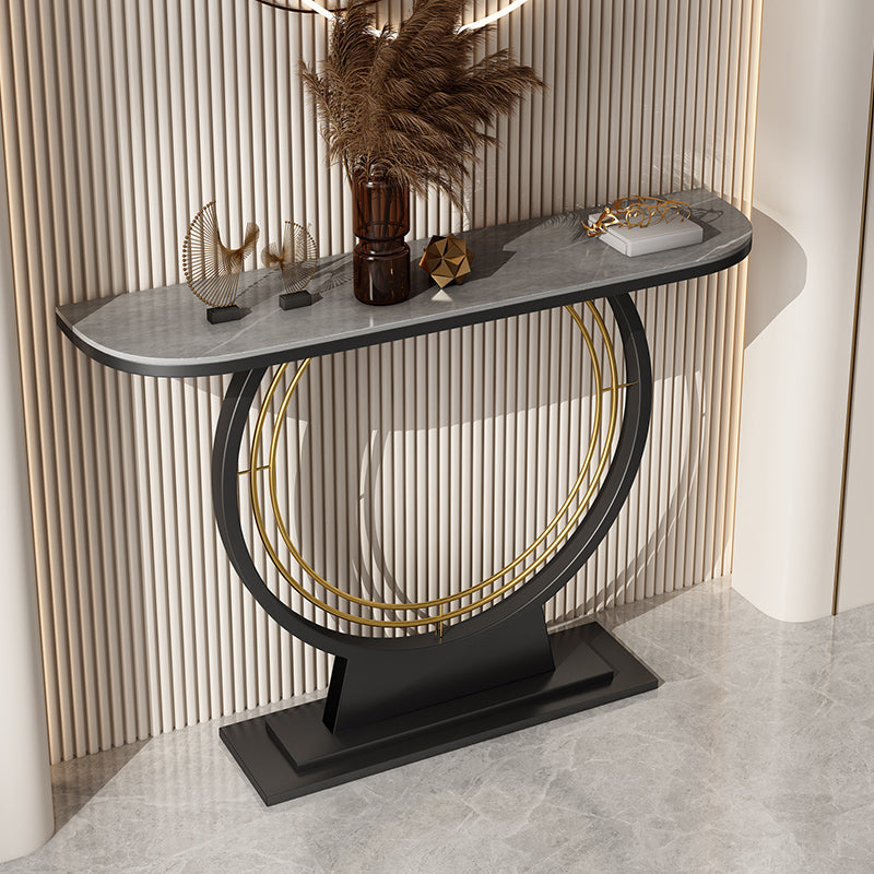 11.8" Wide Stone Console Table Scratch Resistan Console Table Ironcraft Frame Accent Table Dark Grey Clearhalo 'Console Tables' 'console_tables' 'Entry & Mudroom Furniture' 'furn' 'furn_console_tables' 'Furniture' 5719229
