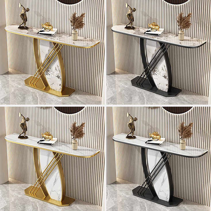 Stone Half Moon Accent Table with Iron Pedestal Base for Hall