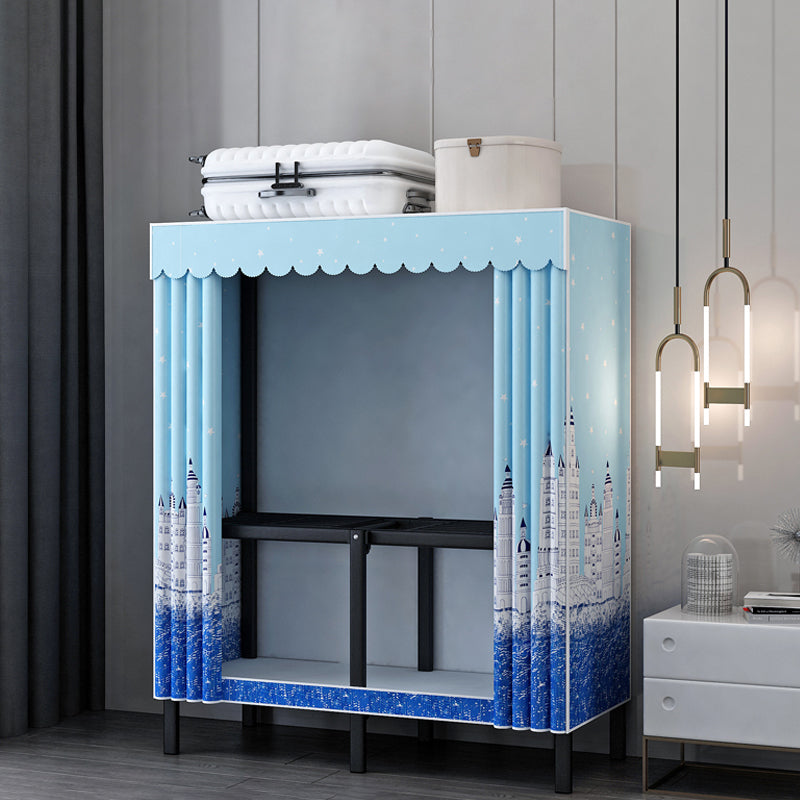 Black Steel Frame Wardrobe Contemporary Folding Wardrobe Armoire 31.5"L x 19"W x 68"H Blue Clearhalo 'Armoires & Wardrobes' 'armoires_wardrobes' 'Bedroom Furniture' 'furn' 'furn_armoires_wardrobes' 'Furniture' 5721811