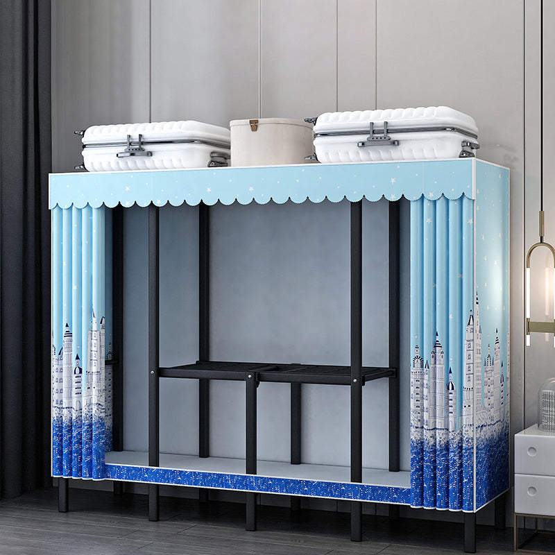 Black Steel Frame Wardrobe Contemporary Folding Wardrobe Armoire 63"L x 19"W x 68"H Blue Clearhalo 'Armoires & Wardrobes' 'armoires_wardrobes' 'Bedroom Furniture' 'furn' 'furn_armoires_wardrobes' 'Furniture' 5721815