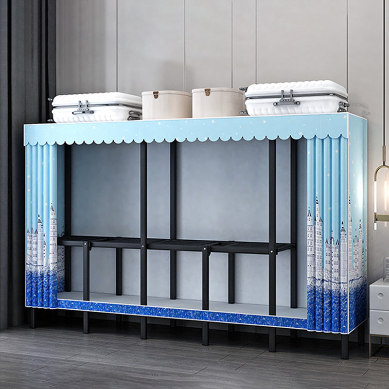 Black Steel Frame Wardrobe Contemporary Folding Wardrobe Armoire 79"L x 19"W x 68"H Blue Clearhalo 'Armoires & Wardrobes' 'armoires_wardrobes' 'Bedroom Furniture' 'furn' 'furn_armoires_wardrobes' 'Furniture' 5721816