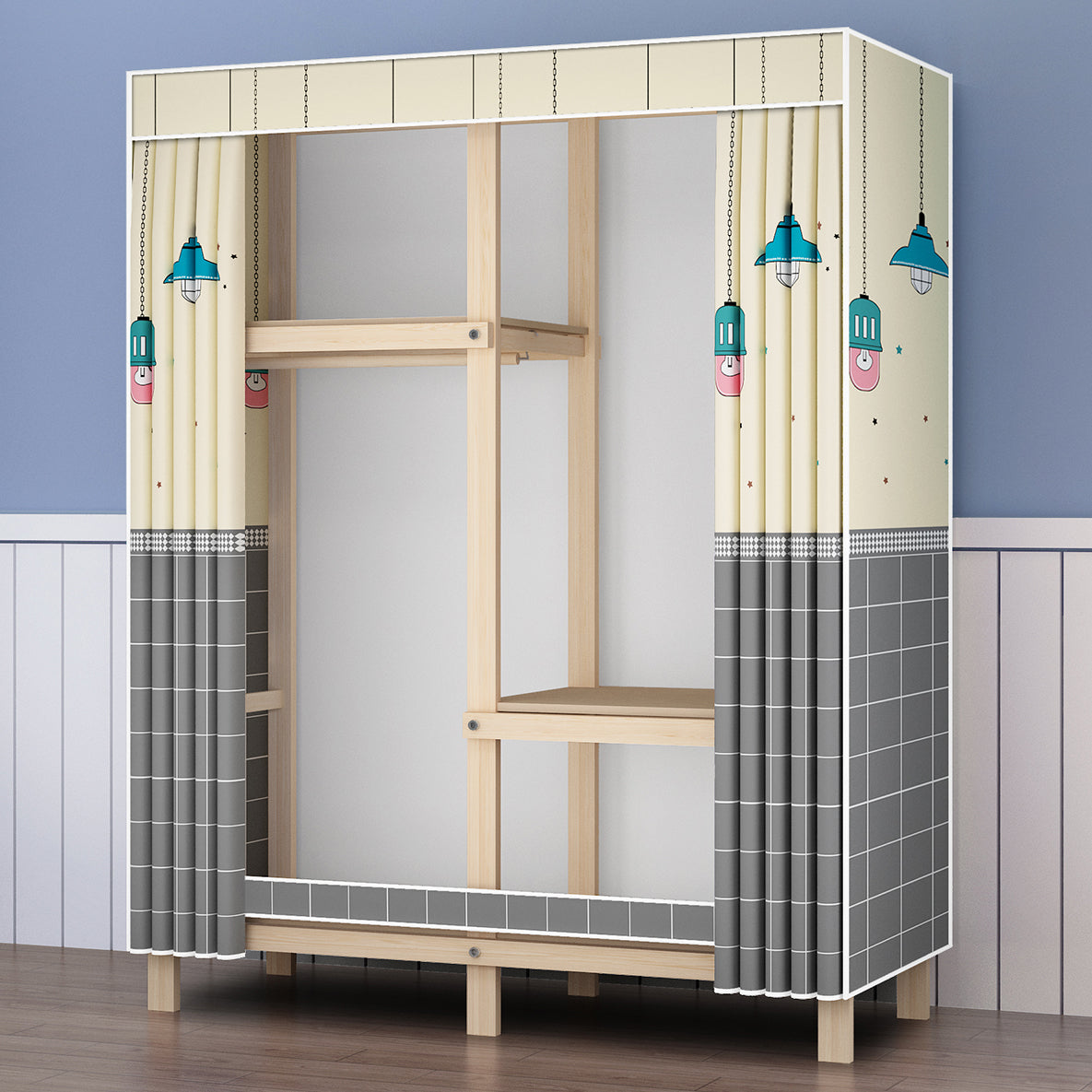 Contemporary Style Wardrobe Pine Solid Wood Wardrobe Closet with Legs