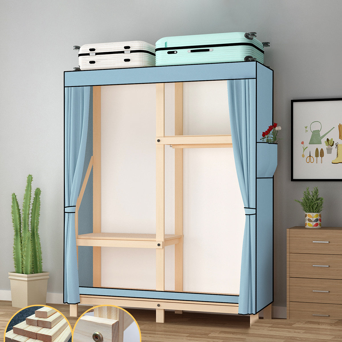 Contemporary Style Wardrobe Pine Solid Wood Wardrobe Closet with Legs