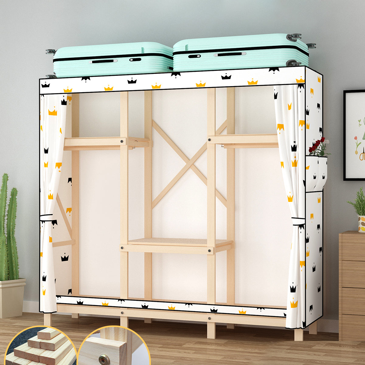 Contemporary Style Wardrobe Pine Solid Wood Wardrobe Closet with Legs