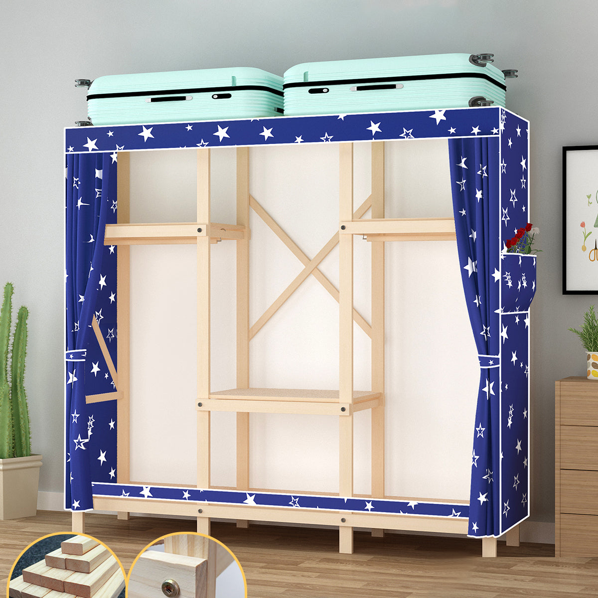 Contemporary Style Wardrobe Pine Solid Wood Wardrobe Closet with Legs