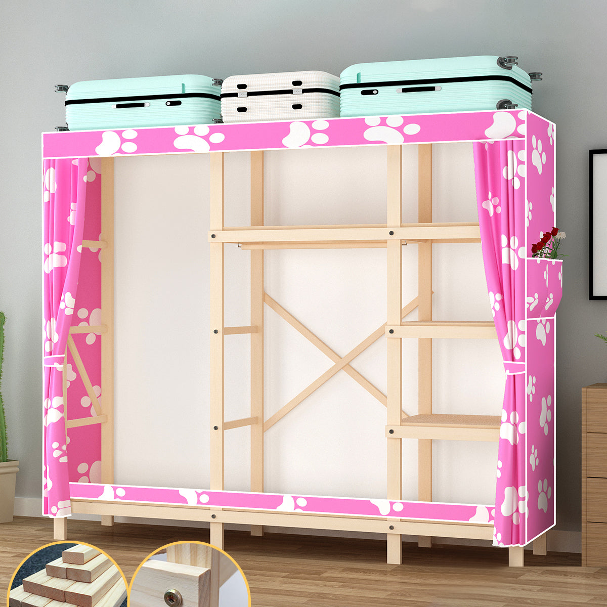 Contemporary Style Wardrobe Pine Solid Wood Wardrobe Closet with Legs