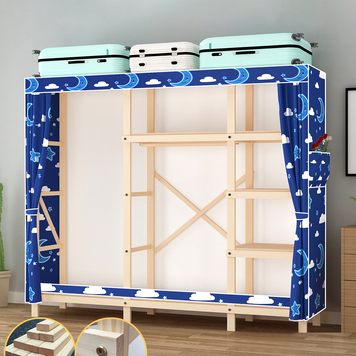 Contemporary Style Wardrobe Pine Solid Wood Wardrobe Closet with Legs