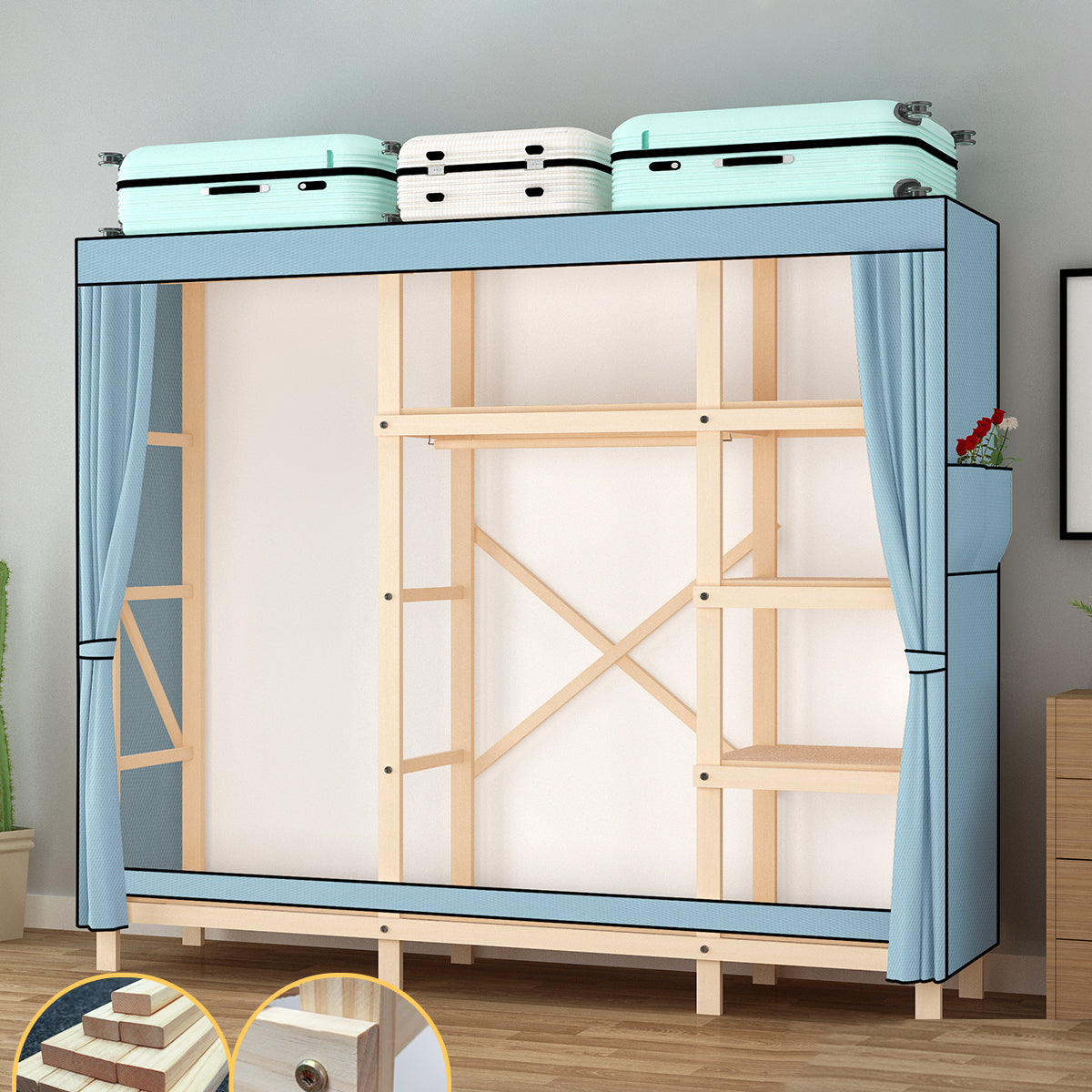 Contemporary Style Wardrobe Pine Solid Wood Wardrobe Closet with Legs