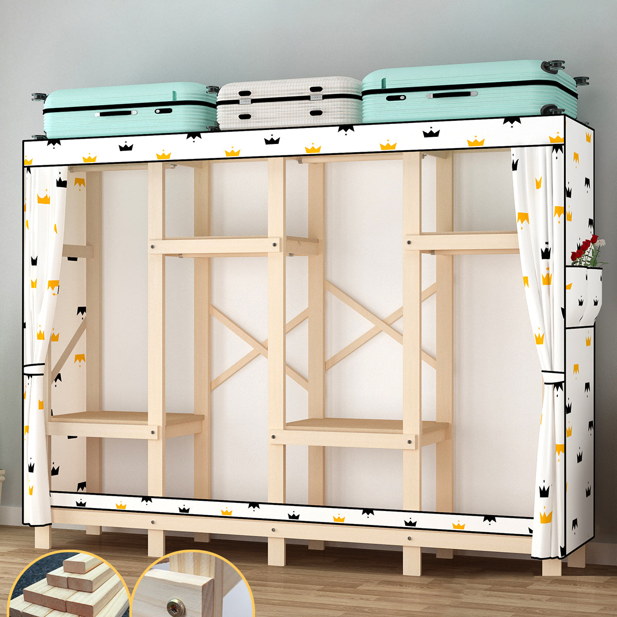 Contemporary Style Wardrobe Pine Solid Wood Wardrobe Closet with Legs