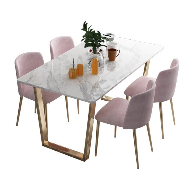 Nordic 1/2/5/7 Pieces Dining Set Rectangle Stone Dining Table for Dining Room 5 Pieces: Table, 4 Pink Chairs Clearhalo 'Dining Room Sets' 'Dining Tables & Seating' 'dining_room_set' 'furn' 'furn_dining_room_set' 'Furniture' 'Kitchen & Dining Furniture' 5725012