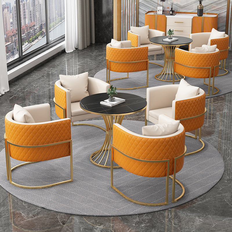 Glam Gold Steel Dining Set 1/5 Pieces Indoor Dining Furniture 5 Pieces: Black Table, 4 Orange Chairs Clearhalo 'Dining Room Sets' 'Dining Tables & Seating' 'dining_room_set' 'furn' 'furn_dining_room_set' 'Furniture' 'Kitchen & Dining Furniture' 5725158