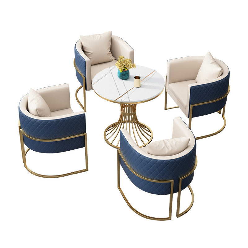 Glam Gold Steel Dining Set 1/5 Pieces Indoor Dining Furniture 5 Pieces: White Table, 4 Blue Chairs Clearhalo 'Dining Room Sets' 'Dining Tables & Seating' 'dining_room_set' 'furn' 'furn_dining_room_set' 'Furniture' 'Kitchen & Dining Furniture' 5725163