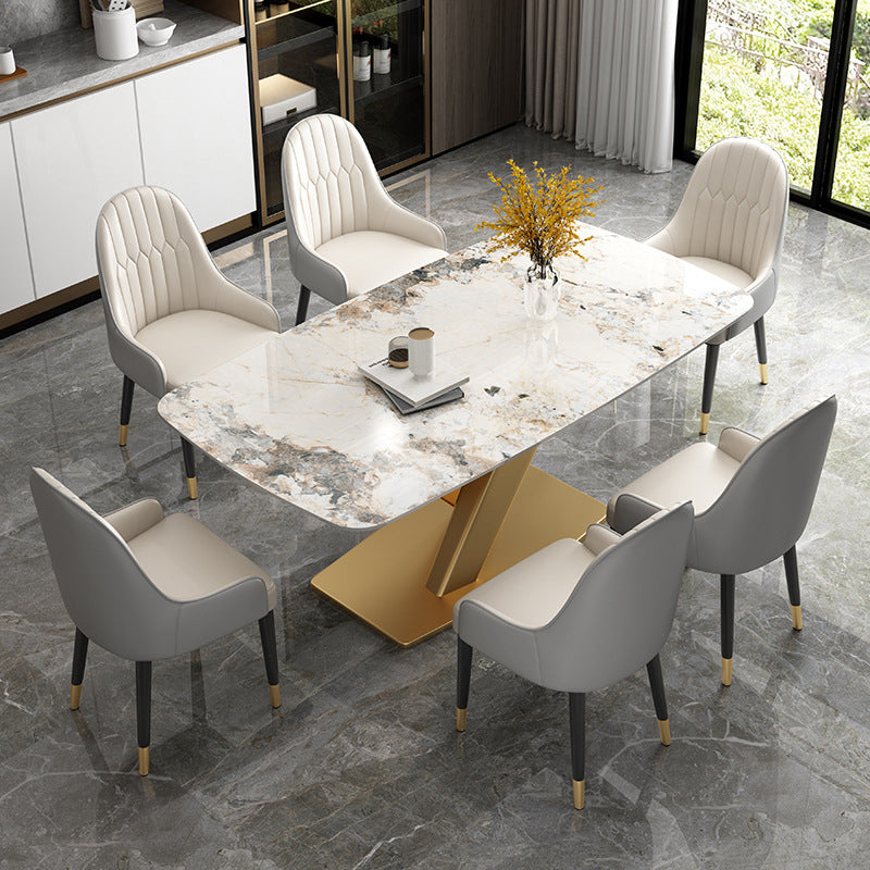 Nordic Glam Style Sintered Stone Rectangle Table Set 1/2/5/7 Pieces Dining Set 7 Pieces: Table, 6 Chairs Clearhalo 'Dining Room Sets' 'Dining Tables & Seating' 'dining_room_set' 'furn' 'furn_dining_room_set' 'Furniture' 'Kitchen & Dining Furniture' 5726278
